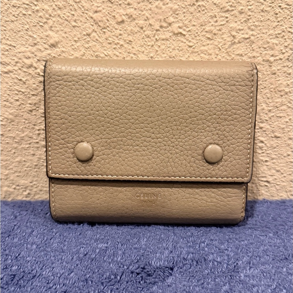 Celine Trifold Wallet in Taupe Grained Calfskin Leather with Yellow Interior